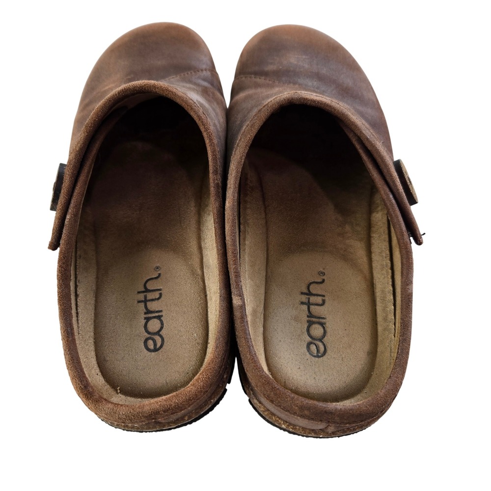 Earth Size 9 Leather Clogs Mules Brown Button Slip On Comfort Cork Sole #1216 - Picture 3 of 7